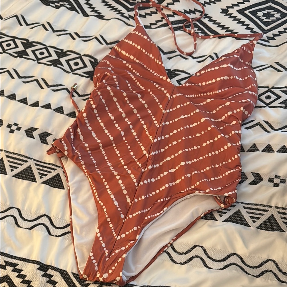 Chic Rust and White Halter Swimsuit